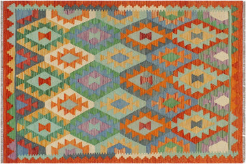 Flat Weave Kilim, Antique, Navaho, Vintage, Handmade, Geometric Kilim Blue Rust Hand-Woven Rectangle 100% Wool Area Rug 3 x 5